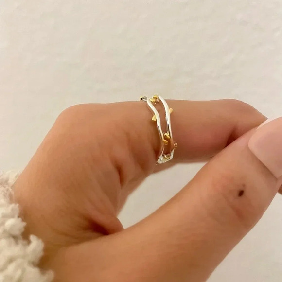 925 Sterling Silver & Gold Two Tone Ring Dainty Minimalist Stackable Ring - Picture 5 of 6